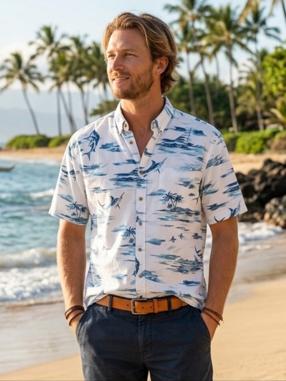 Vintage 90s Bimini Bay Coastal Marlin Fish Print Shirt